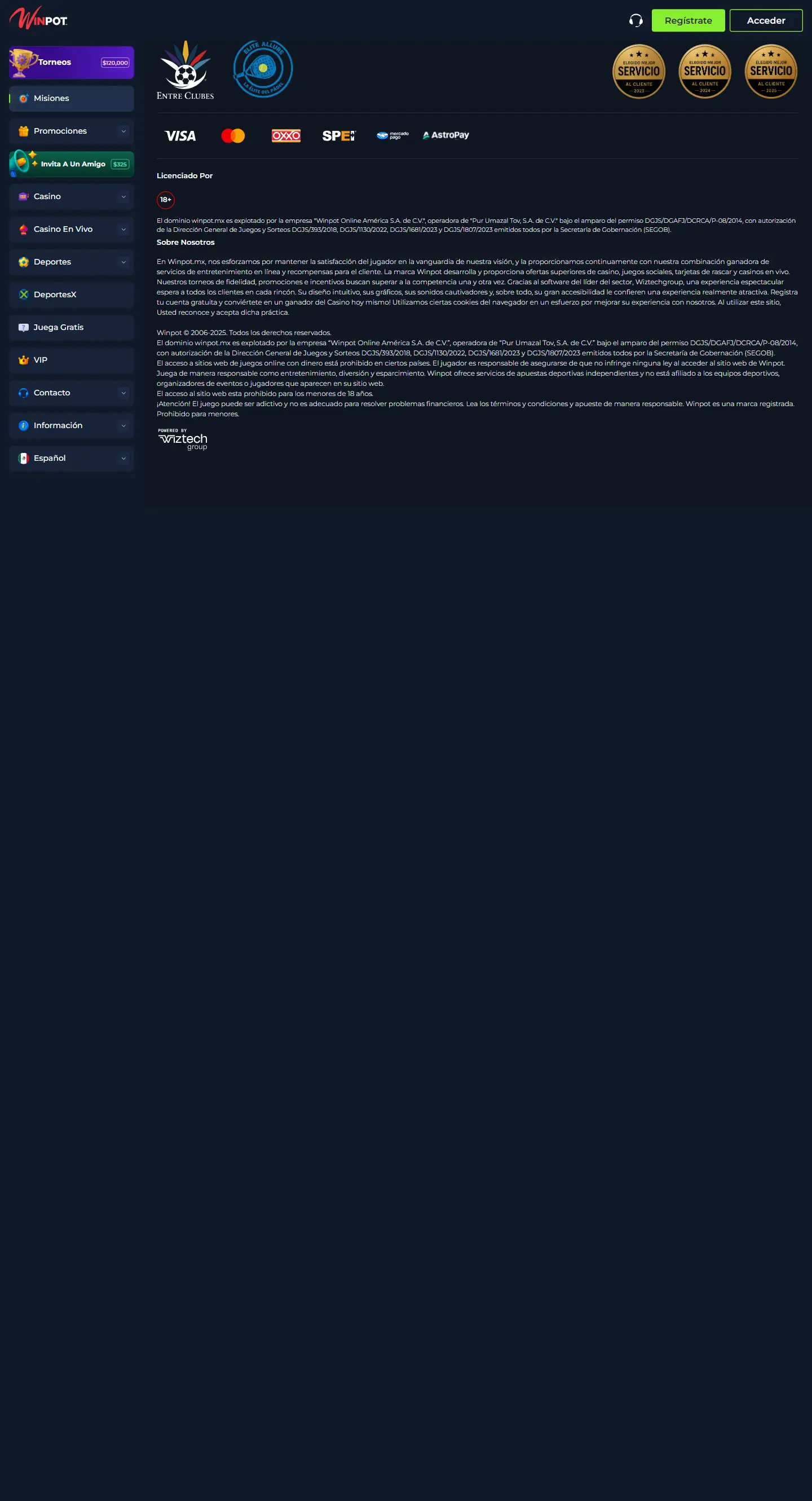 Vista de la navegación e información de Winpot