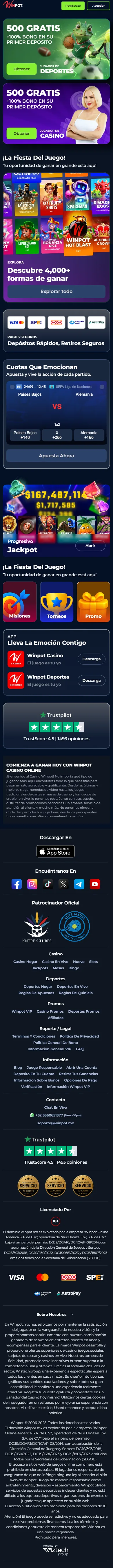 Página principal de Winpot en celular